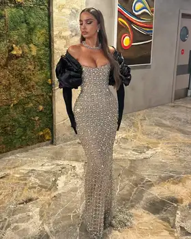 Luxury Sparkly Sexy Black Girl Prom Dresses 2025 Long Sleeves Strapless Beaded Diamonds Mermaid Women Evening Dress Customized 1