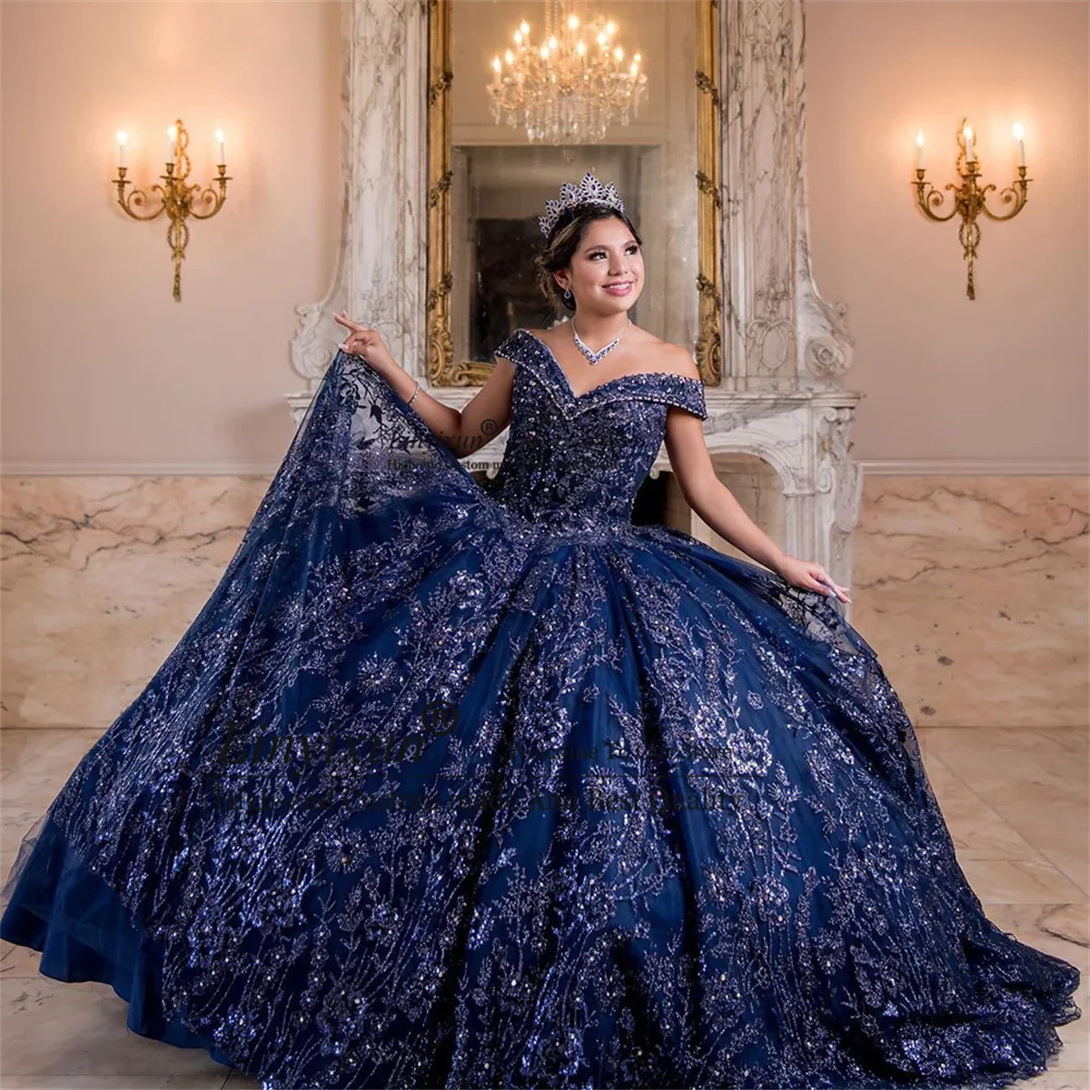 Mexico Quinceanera Dresses Glitter Crystal Sequined Ball Gown Off The Shoulder Beading Corset Vestidos De 15 16 A&ntilde;os