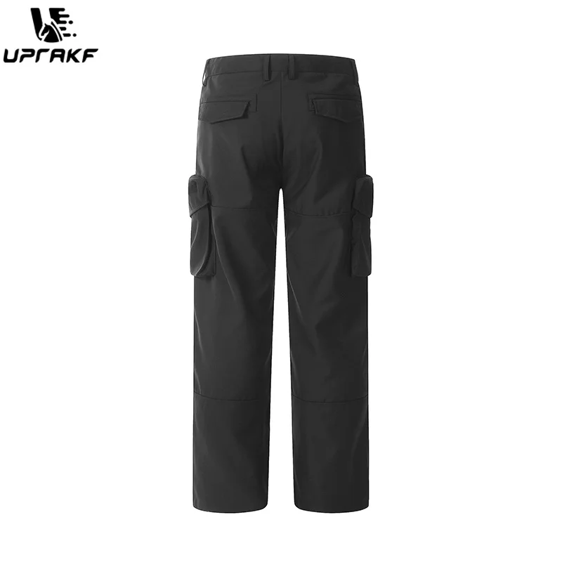 UPRAKF Drawstring Black Trousers Comfort Casual Side Pocket Autumn Pantalones Solid Color Pleated Streetwear