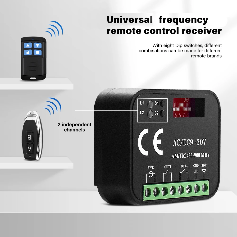 Universal Frequency 300-900MHz Garage Door Receiver AC DC 9-30V AC 85-250V 2CH Switch Module 433 868MHz Transmitter