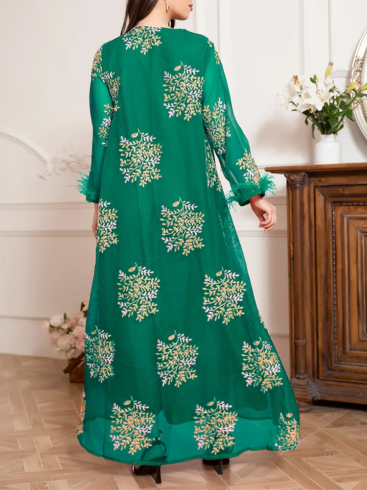 فساتين رافيا النسائية الصيفية التقليدية المتطورة المطرزة بأكمام طويلة ورقبة على شكل حرف v ماكسي على شكل حرف a فساتين طويلة غير رسمية