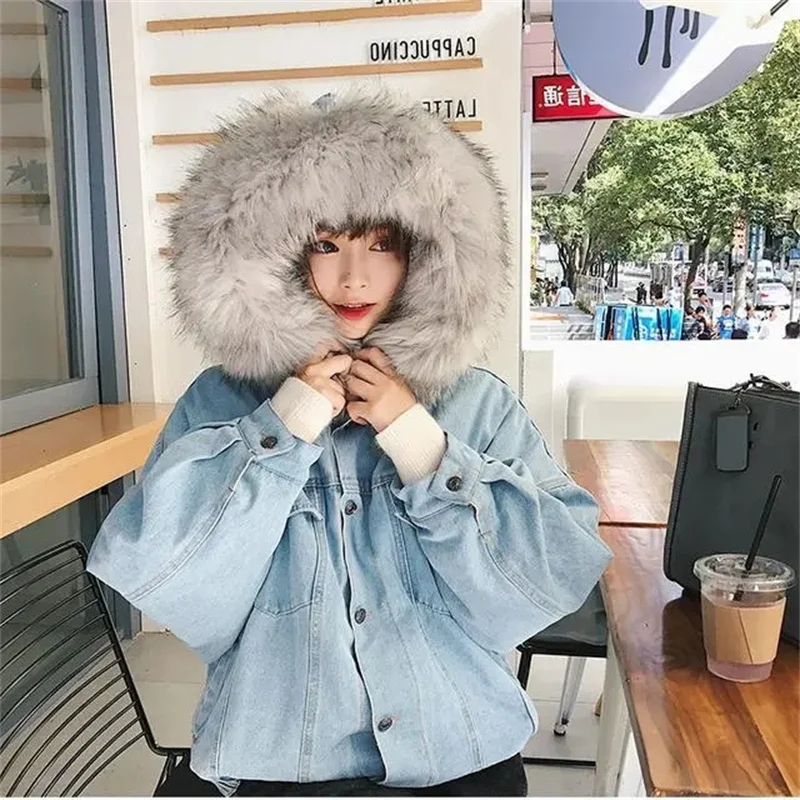 2023 Autumn/Winter Denim Coat Women's Korean Version Loose Fit Female Student Plush Thickened Large Fur Collar Hooded Coat Women