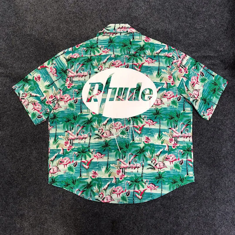 

RHUDE Shirt Green Oversize Streetwear Print Flamingo Men Women 1:1 Rhude Hawaiian Shirts