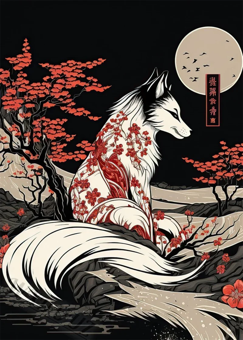 即購入OK　神話生物のフレームアート Okami Amaterasu The Fox Japanese 80s Vintage Style Painting Canvas