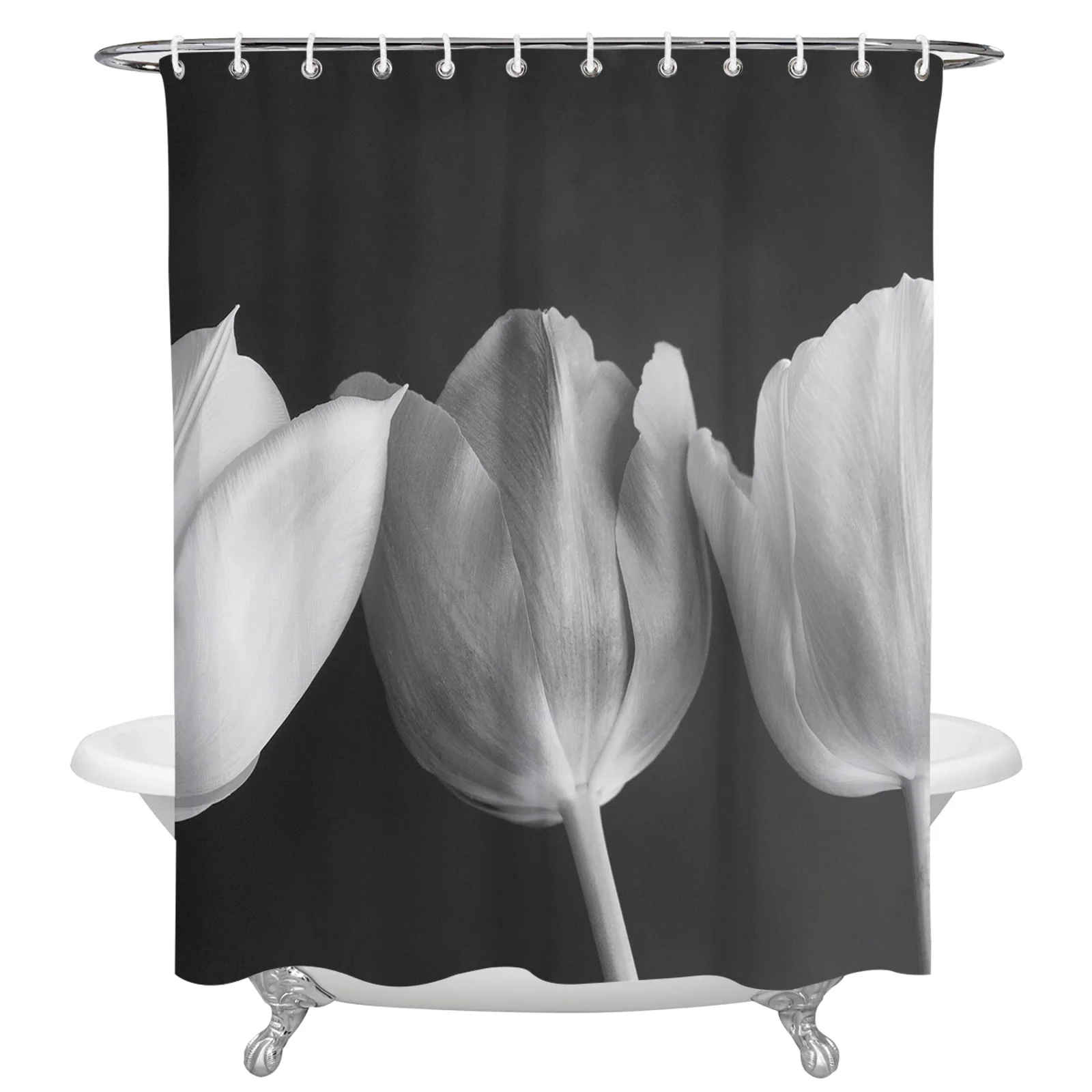 

Tulip Flower Black And White Waterproof Shower Curtain Bathroom Fabric Polyester Shower Curtains Bath Decor Curtain