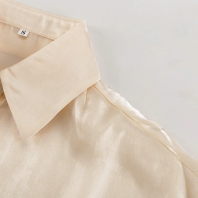 Blusa informal holgada transparente con solapa y manga larga con cordones para mujer, ropa de verano 2025, con parches lisos