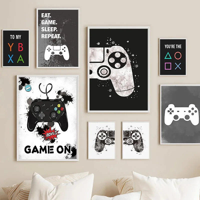 Aquarela gamepad preto e branco pintura em tela menino jogo ilustração  cartaz da parede arte imagem do gamer crianças decoração do quarto