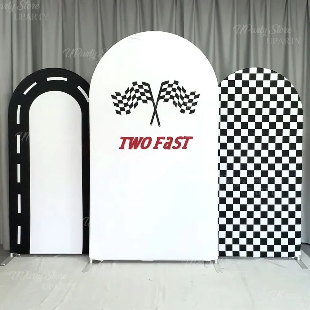 Race Car Party Backdrop Decorations Spandex Black White Checkered Racing Track Stand Arch Cover for Birthday Two Fast One Decor