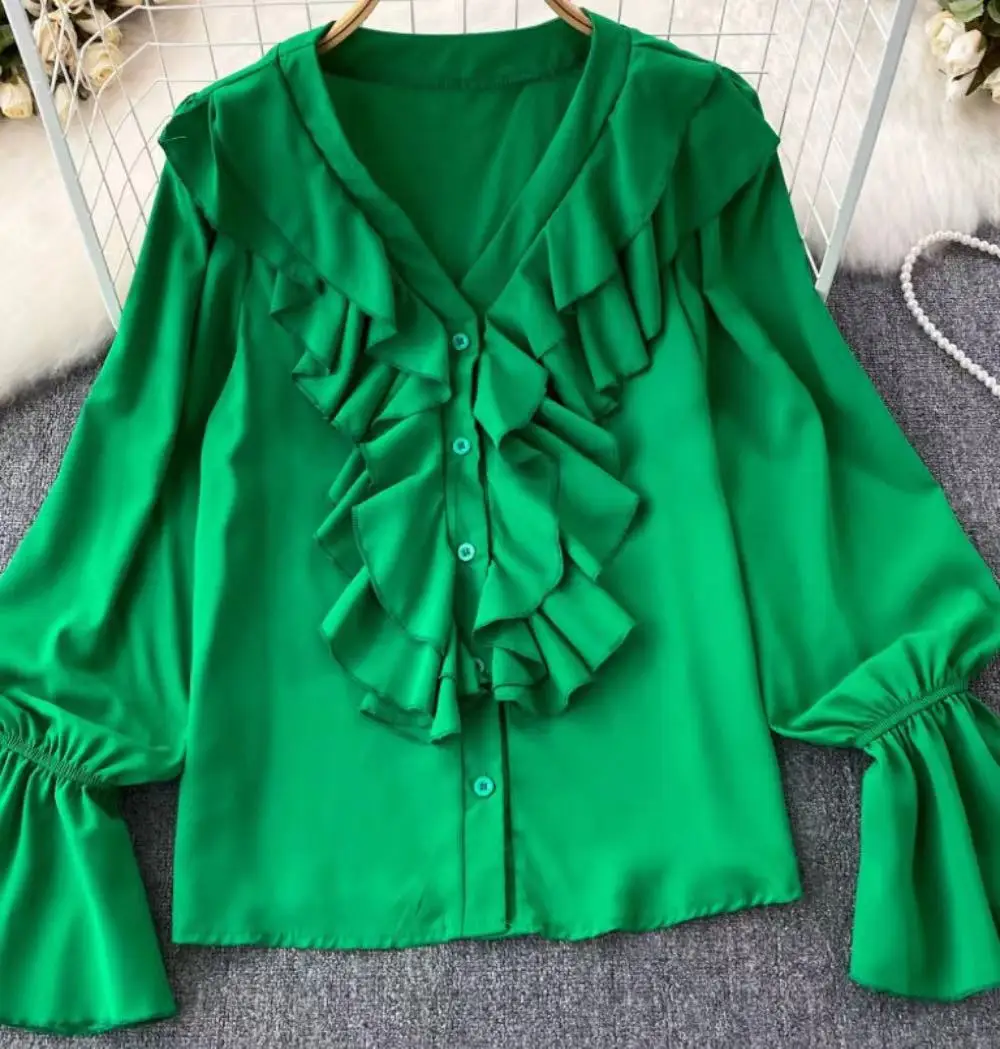 

2023 Autumn Korean Elegant Sweet Long Sleeve Blouse Shirt Women's V-Neck Ruffled Loose Single Breasted Shirt Top
