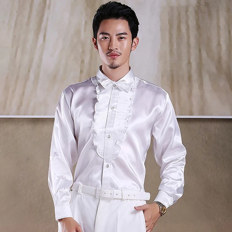 PARKLEES 2022 Luxury Silk Ruffled Tuxedo Shirts for Men Long Sleeve Wedding Stage Shirt Dance Performance Mens Clothing