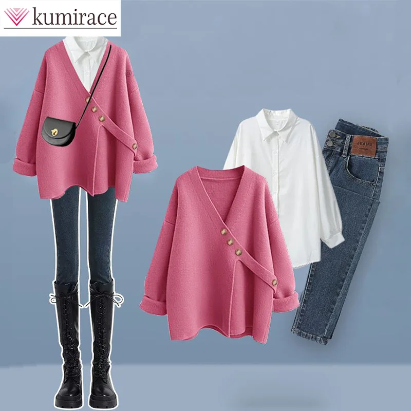 Autumn and Winter Large Women's Set 2023 New Shirt Design Sense Knitted Sweater Jeans Three Piece Set Y2k Clothes Womenpant Sets three piece women s suit solid color casual business single breasted suit dress sets of women 3 pieces elegant luxury blazers