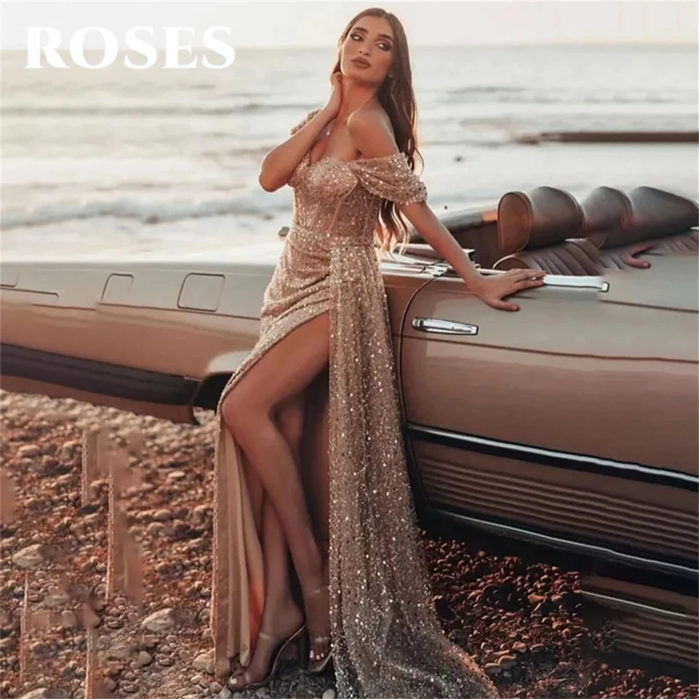 

ROSES Sexy Champagne Evening Dresses Sweetheart Trumpet Party Dress Sequins Off The Shoulder 프롬드레스 Floor Length Slit Prom Dress