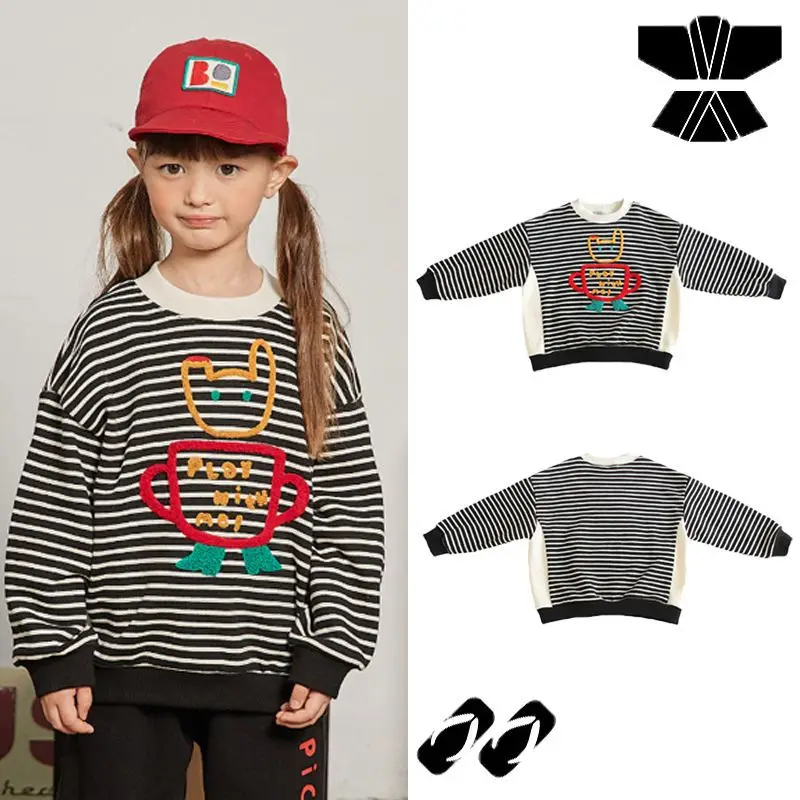 Jenny&Dave 2023 Autumn New Children's Nordic Edition Top for Boys and Girls Cartoon English Stripe Pullover Sweater for Children