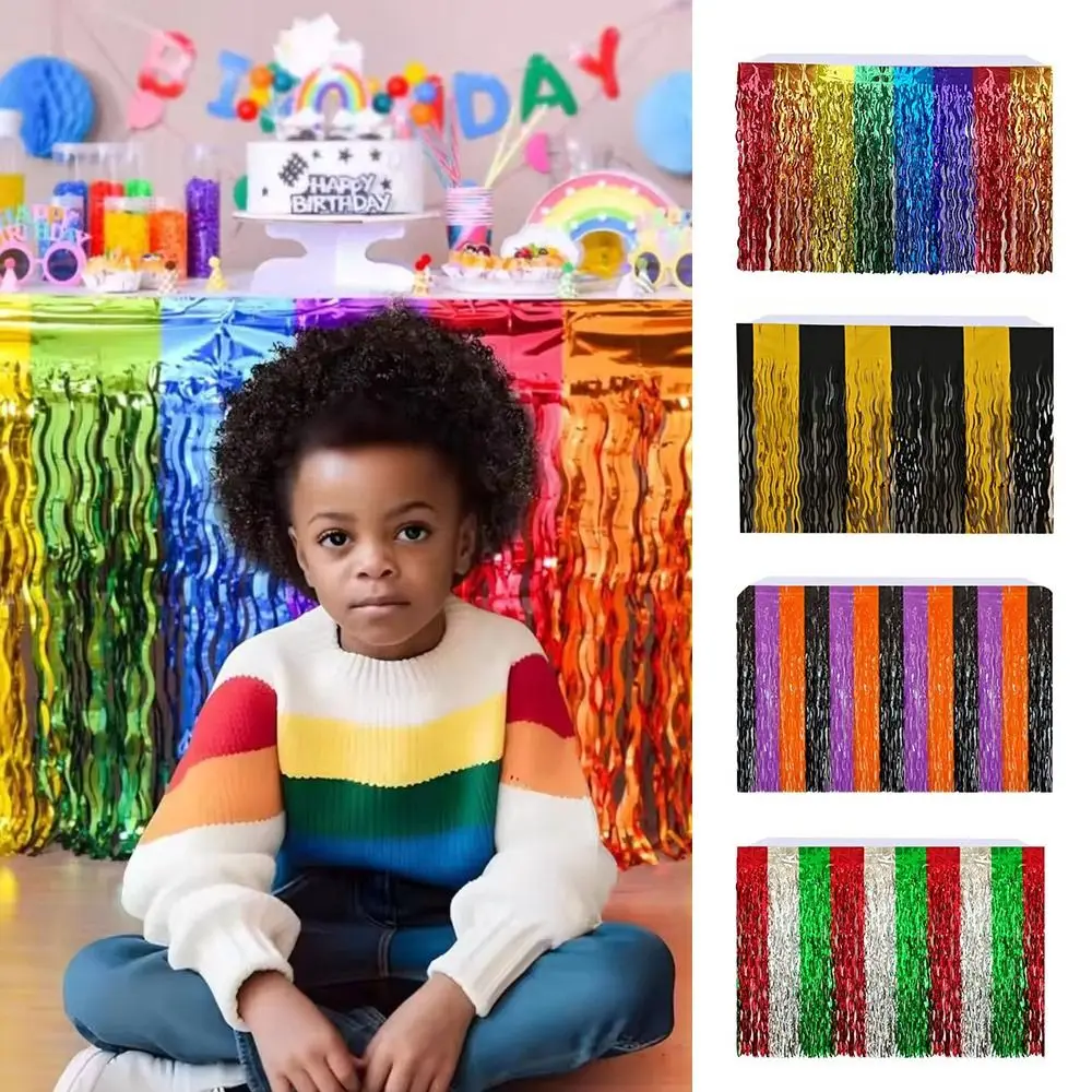 Colorful Rainbow Wavy Table Skirt 75*275cm Table Dress Tablecloths Metallic Foil Tinsel Covers