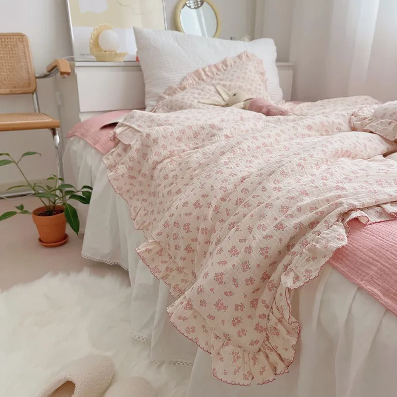 Pink floral cotton duvet cover set twin size cotton rich floral ruffle edge bedding set 2pcs