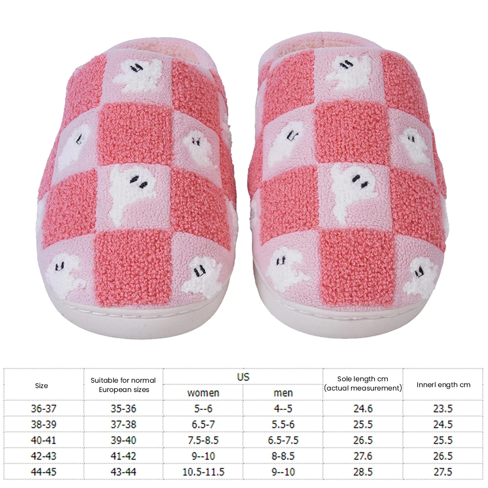 Ghost Checkered Plush Slippers Halloween Warm Flat Shoes Comfortable Thermal Closed Toe Slippers Non-Slip Soft Fluffy Shoes