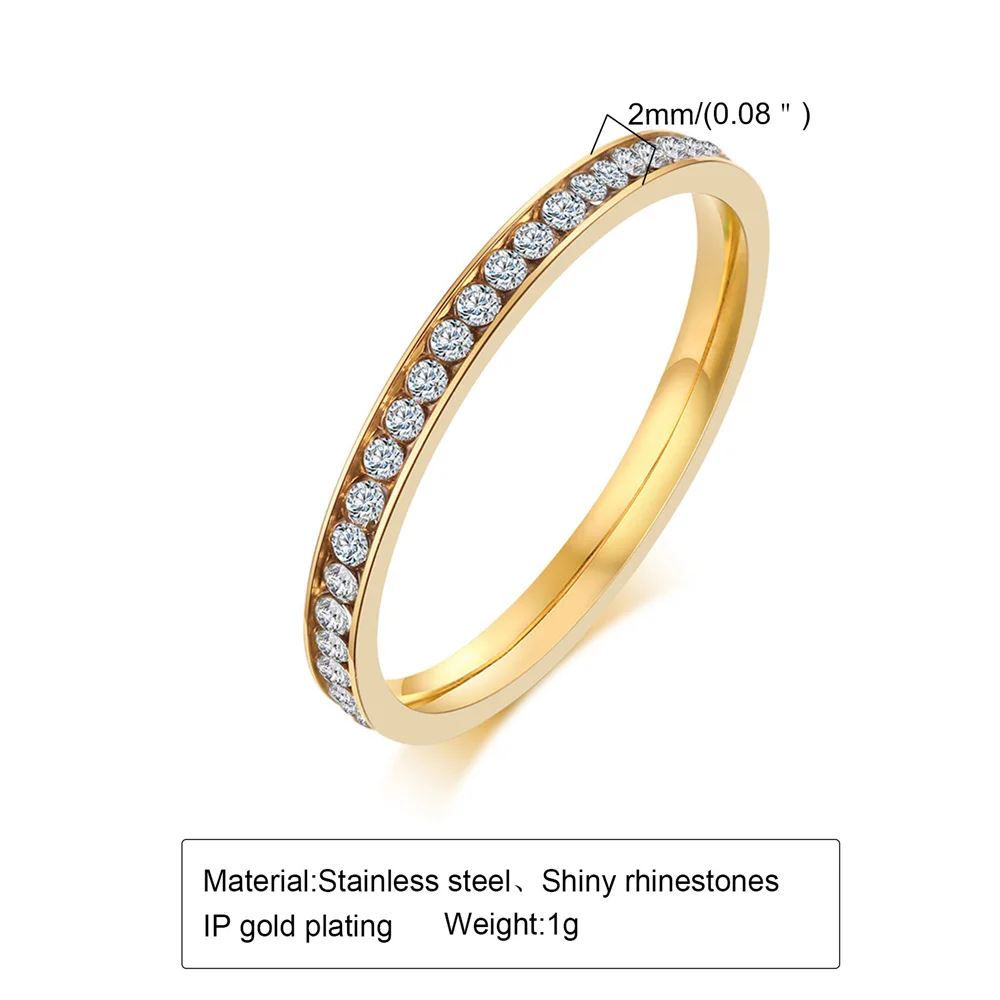 Iced Out Cubic Zirconia Ring Female Gold Silver Color Stainless Steel Wedding Rings For Women Fashion Jewelry Gift 2mm wedding rings