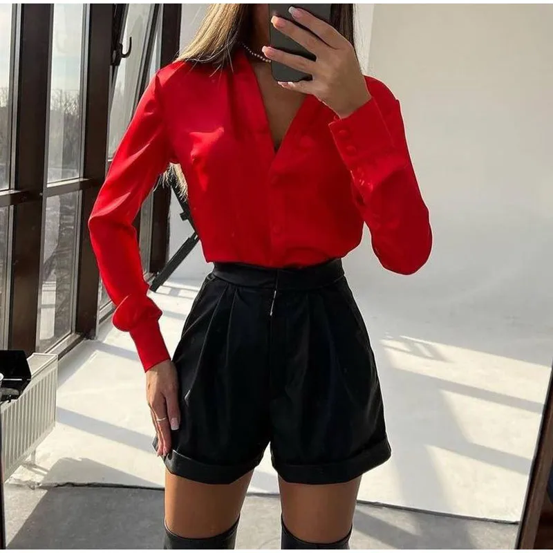 yellow pant suit Solid Pants Sets Women Sexy Casual Blouse Top And Zipper Fly Shorts Set Female Long Sleeved V Neck Shirt Pu Short Suit Summer women's sweat suits sets