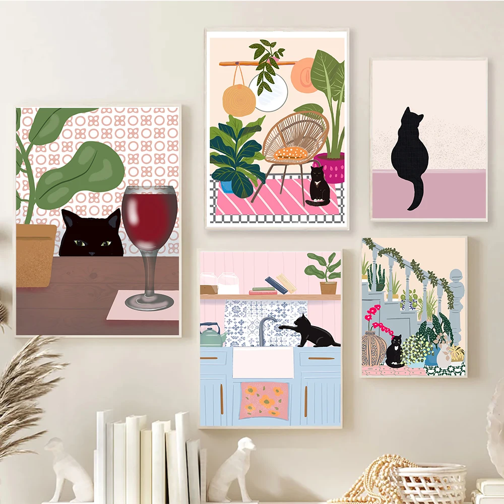 

Black Cat and Plants Book Colorful Posters Nordic Wall Art Canvas Painting Wine Prints Funny Pictures For Bathroom Home Decor