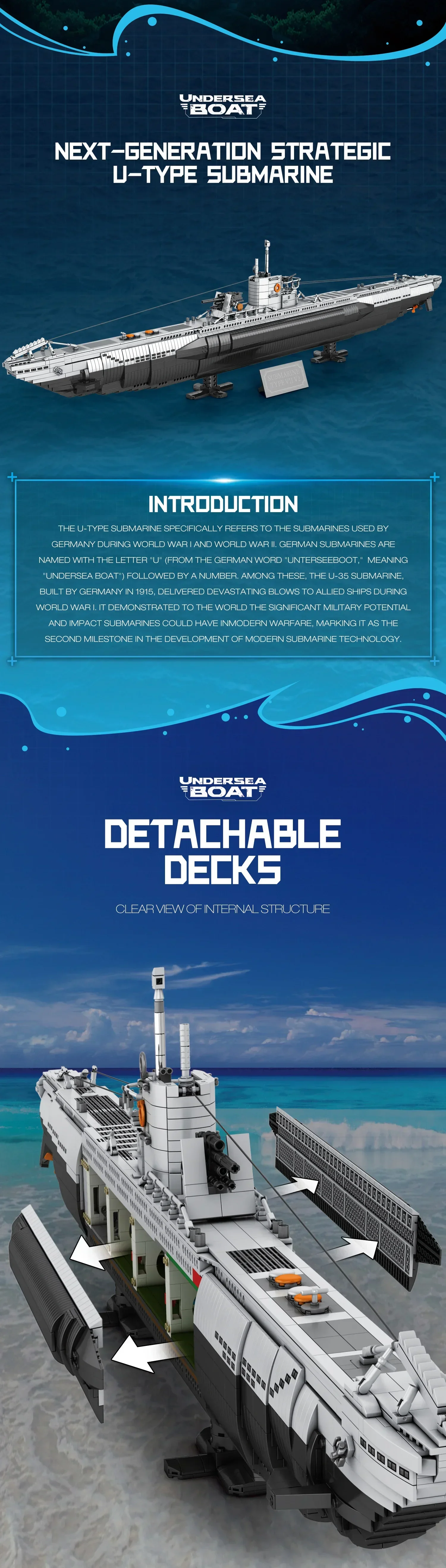 3987PCS U Shaped Submarine Building Blocks Undersea Ship Model Bricks With Base Bracket Desktop Deco Kids DIY Toys Holiday Gifts