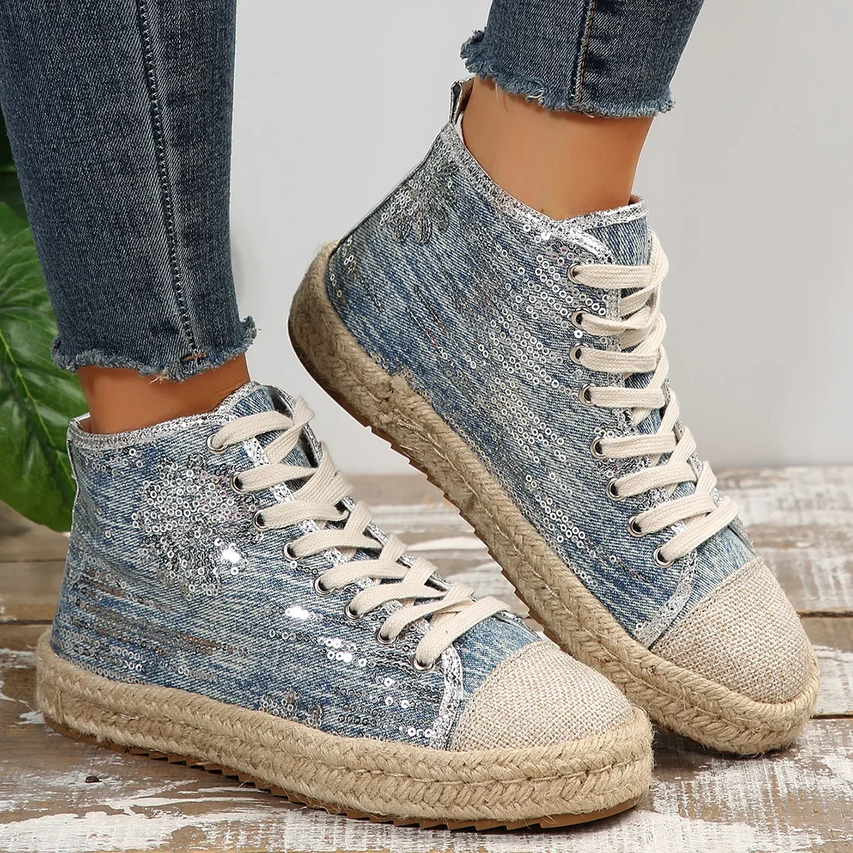 

Кеды женские с блестками, повседневные холщовые кроссовки на платформе, на шнуровке, высокий каблук, весна-осень 2023