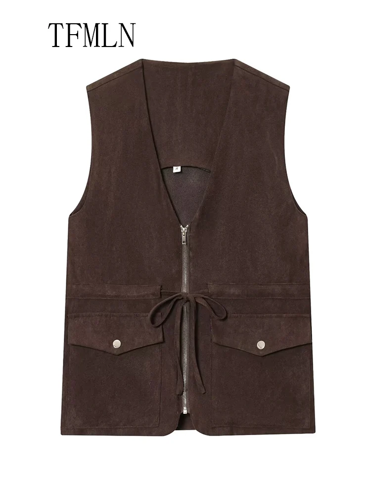 Causal Women Zipper Vest Coats 2025 Autumn Fashion V-neck Sleeveless Drawstring Chic Streetwear Vintage Pockets Solid Jackets