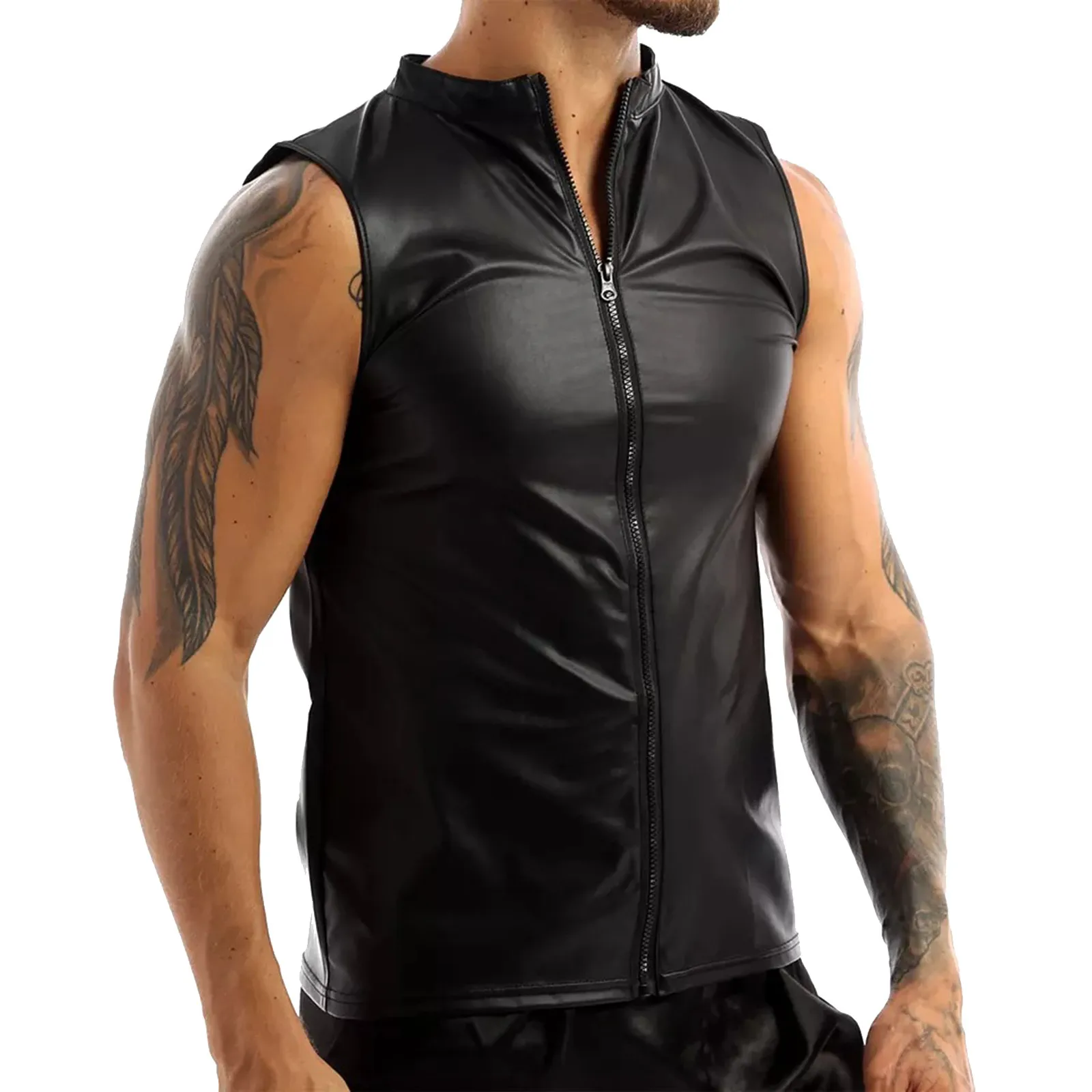 Men Hooded Tank Tops Wet Look Patent Leather Vest Sleeveless T-Shirt Zip Up Singlets Club Party Tee Tops tank top