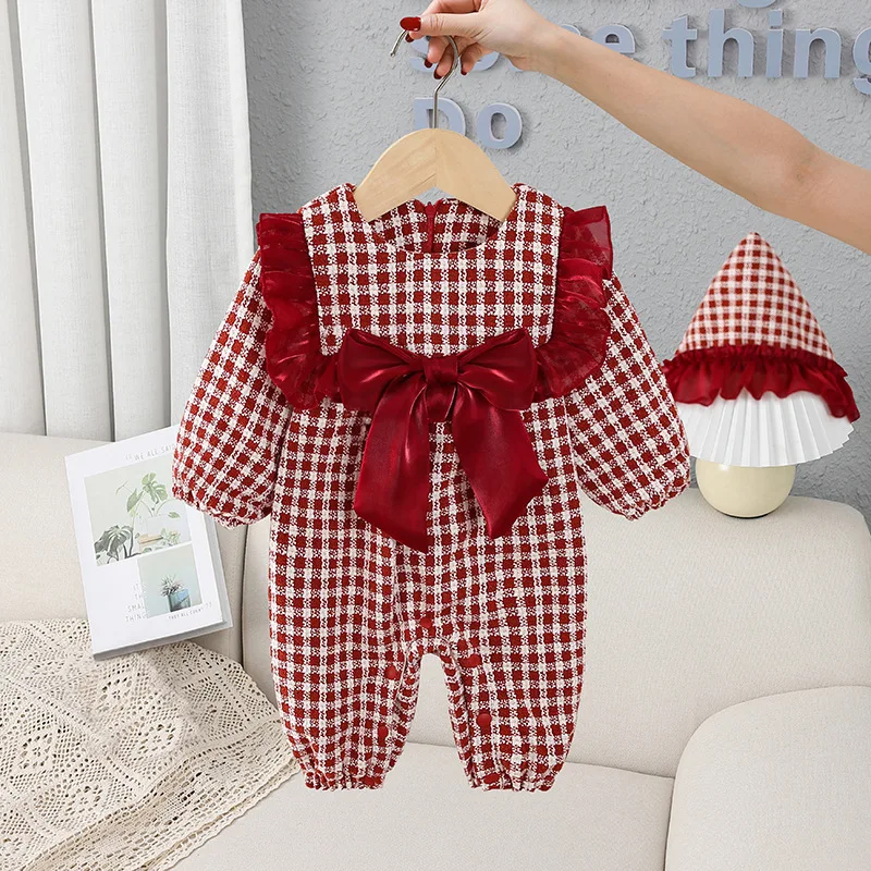 2023 Baby Girls Winter Bodysuits Infant Babies Long Sleeves Checkered