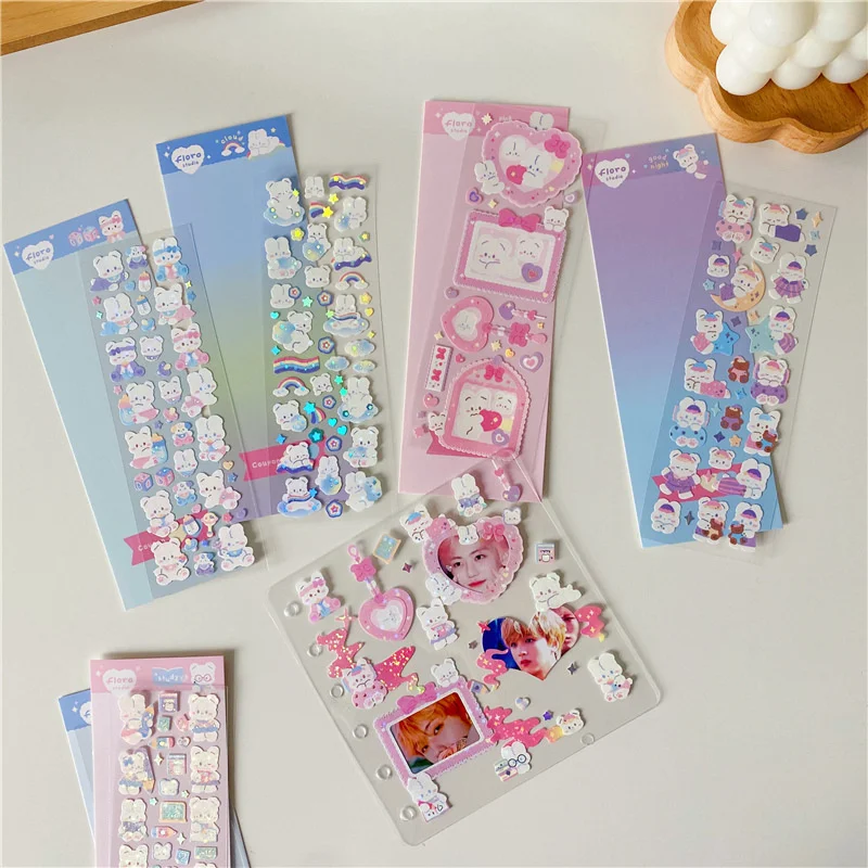 Korean Ins Cartoon Bear Rabbit Cute Stickers Children DIY Collage Fashion Kawaii Stationery Mobile Phone Decorative Sticker