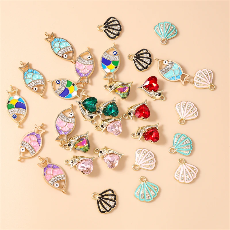 10pcs 귀여운 해양 생물 참 크리스탈 합금 물고기 쉘 참 펜던트 목걸이 귀걸이 만들기 DIY 공예 쥬얼리 액세서리