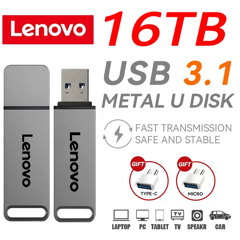 

Lenovo 16TB USB Flash Drives 3.1 2TB 8TB High-Speed Transfer Metal Pendrive Portable Memory Storage U Disk Waterproof Adapter