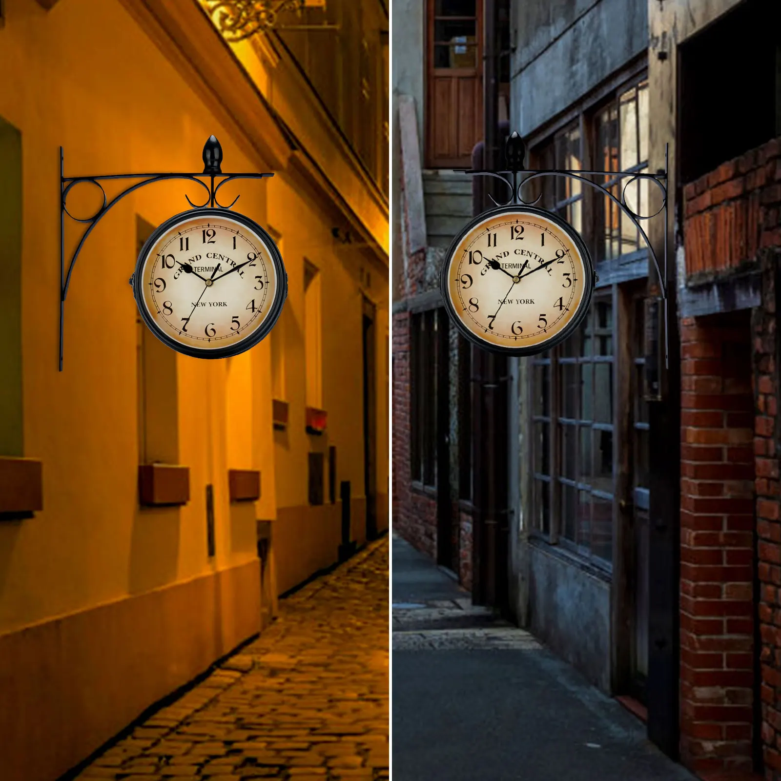 Double Sided Train Station Waterproof Wall Clock For Garden Retro Wrought Iron Metal Wall Clock Silent Indoor Outdoor Decoration 2