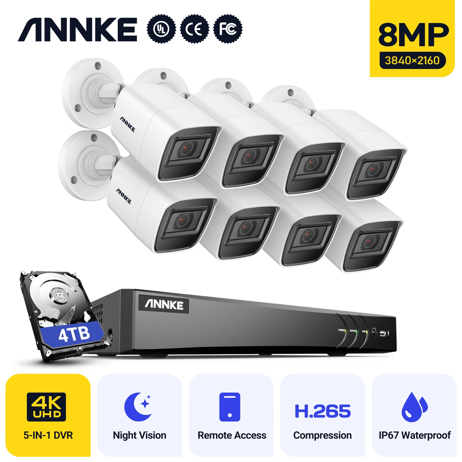 Annke 4K Ultra Hd 8Ch Dvr H.265 Telecamera Cctv Sistema Di Sicurezza 4Pcs 8Mp Ip67 Weaterproof Outdoor 8Mp Videosorveglianza