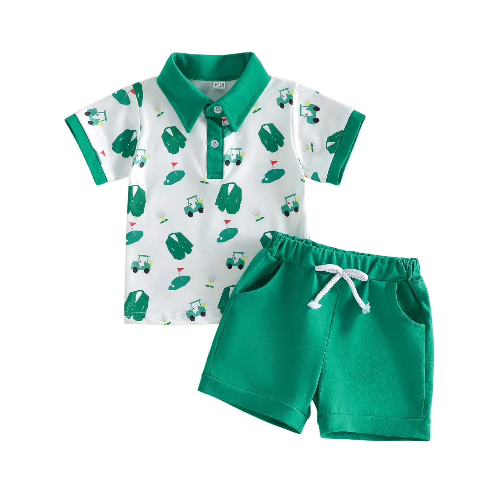 2Pcs  소년 여름 의상 짧은 소매 골프 카트 프린트 티셔츠 반바지 세트  의류..