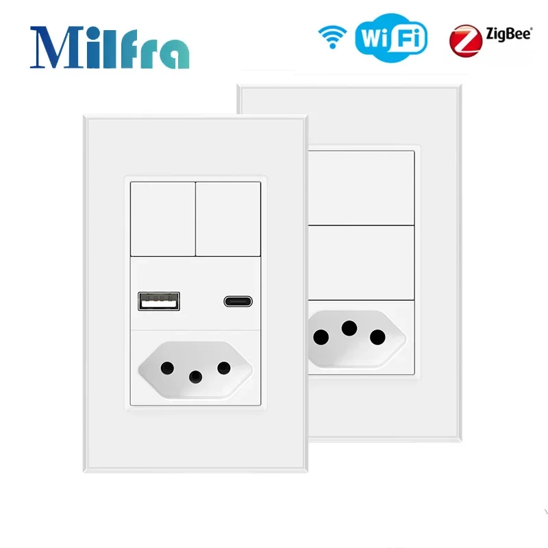 สวิตช์อัจฉริยะบราซิลและเต้ารับ Tuya WiFi/Zigbee 2ปุ่มสวิตช์ไฟอัจฉริยะเต้าเสียบควบคุมด้วยเสียงสำหรับ Alexa Google Home 1