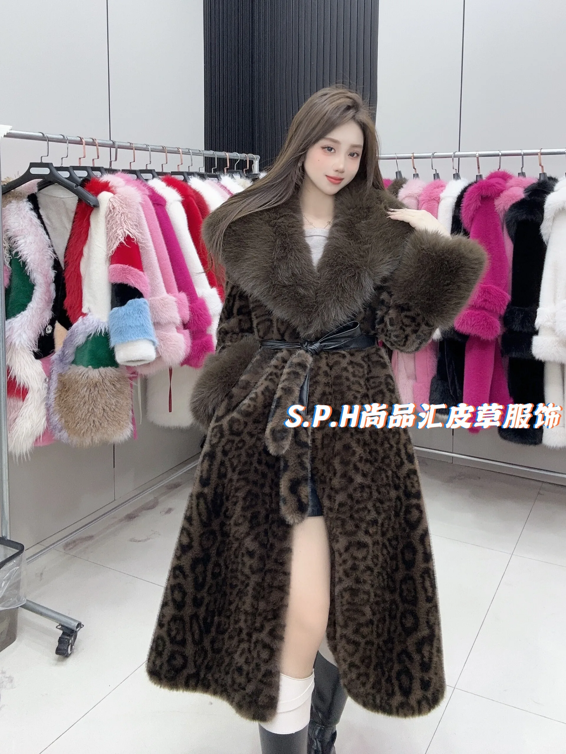 2024 Leopard Print New Women's Long Big Fur Collar Fashion Environment-Friendly Fur Long Sleeve Warm Waist Slimming Coats