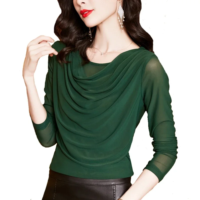 

Elegant New Solid Color Women T Shirt Fashion Swing Round Collar Long-sleeved Mesh Bottoming Shirt Casual Shirt A17