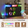 LED Farmhouse Sideboard Buffet Cabinet with Storage, Wood Coffee Bar Station Table w/Charging Station, Large Kitchen Stora 3