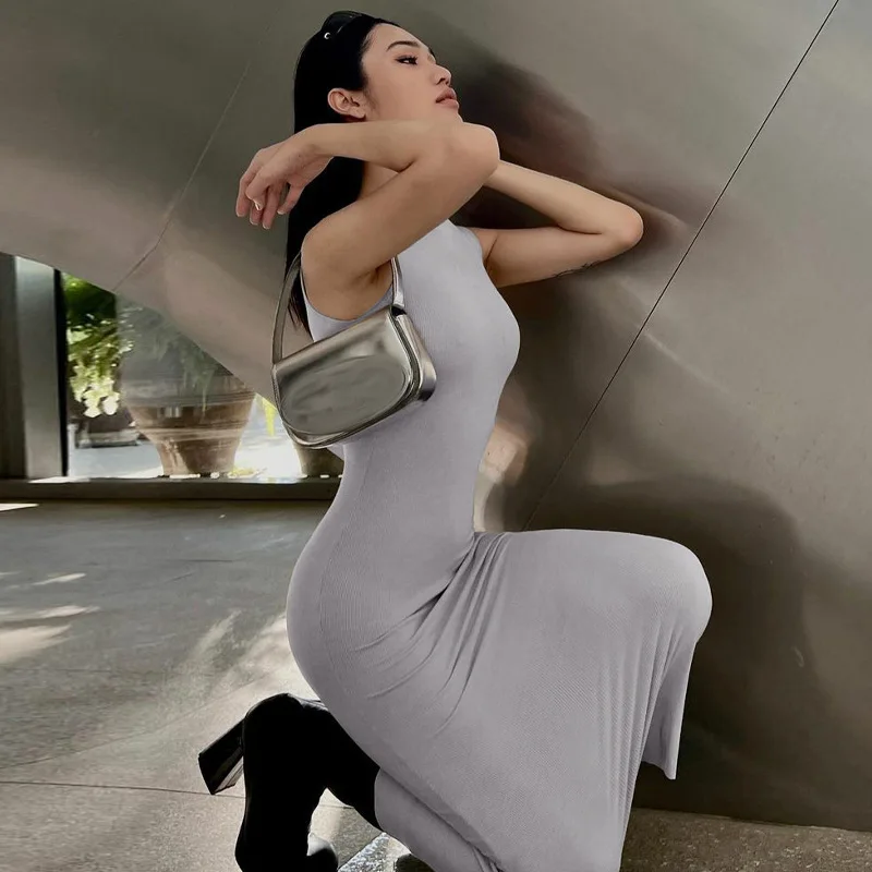 Vestido largo liso sin mangas para mujer, ajustado, con hombros descubiertos, elegante, ajustado, para fiesta, de verano