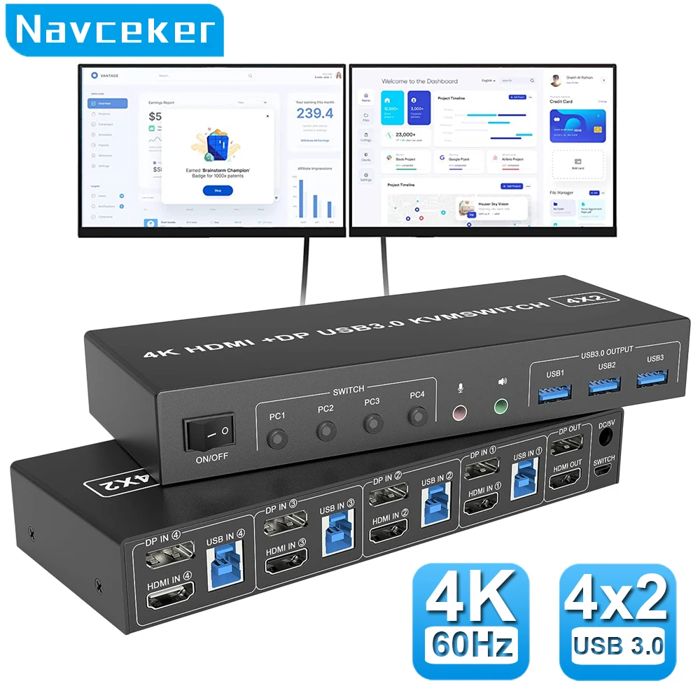 4 Porte Hdmi Kvm Usb 3.0 Switch 4 X2 Dual Monitor 4K @ 60Hz Display Esteso Dp Kvm Switch 4 In 2 Out Per 4 Pc Condividi Tastiera Mouse