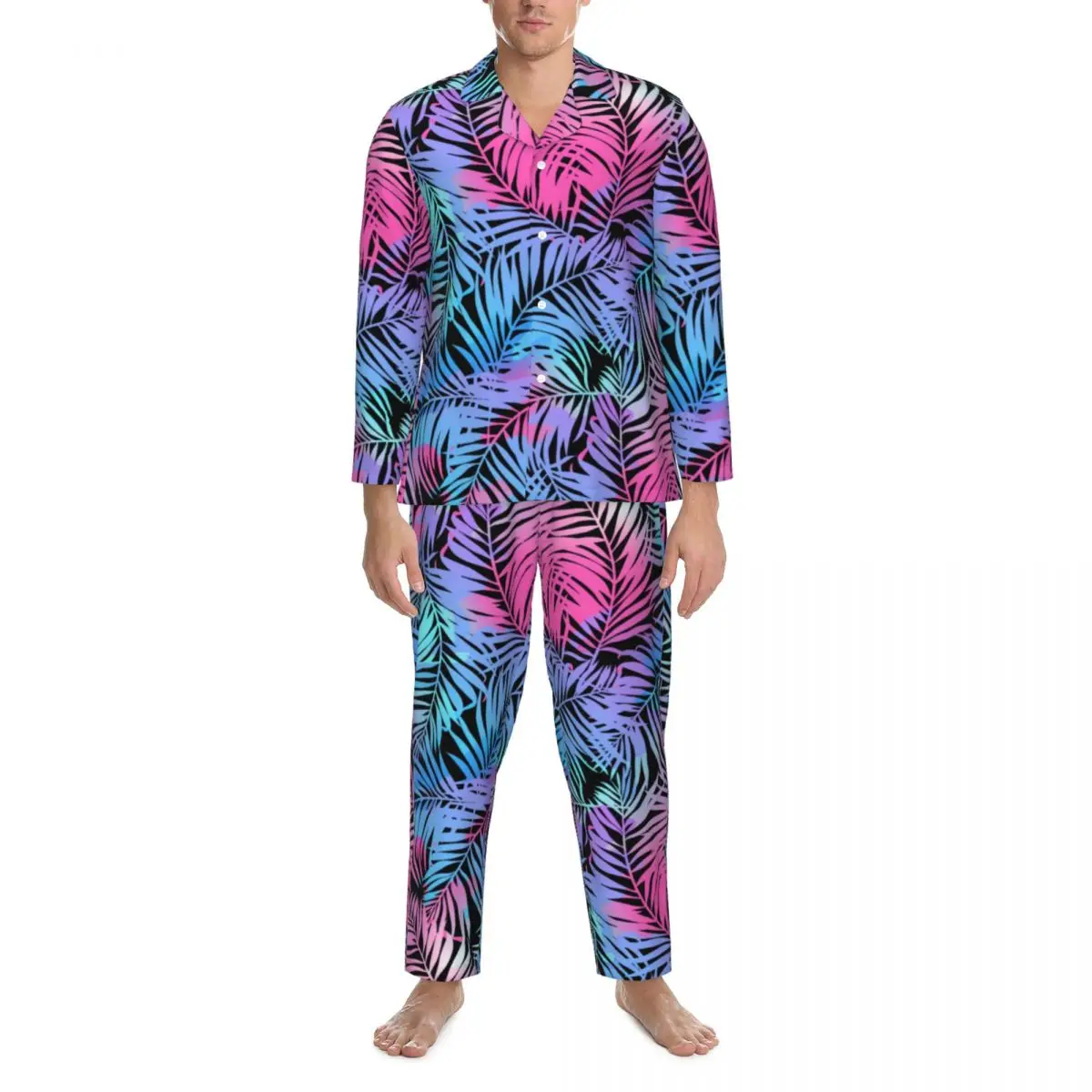 

Tropical Palm Sleepwear Autumn Colorful Leaves Casual Loose Oversized Pajama Set Men Long Sleeves Warm Bedroom Graphic Home Suit