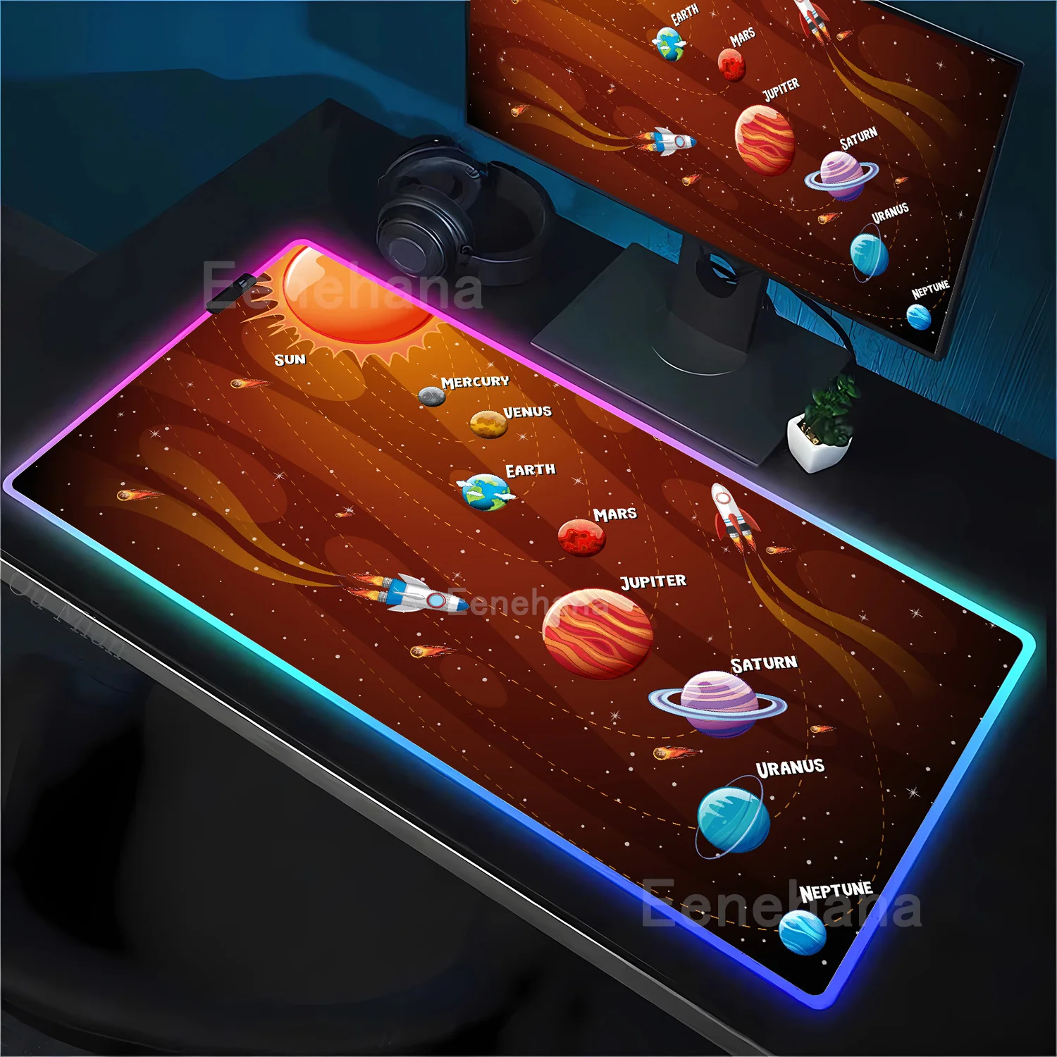 Solar system galaxy RGB mouse pad on gaming setup