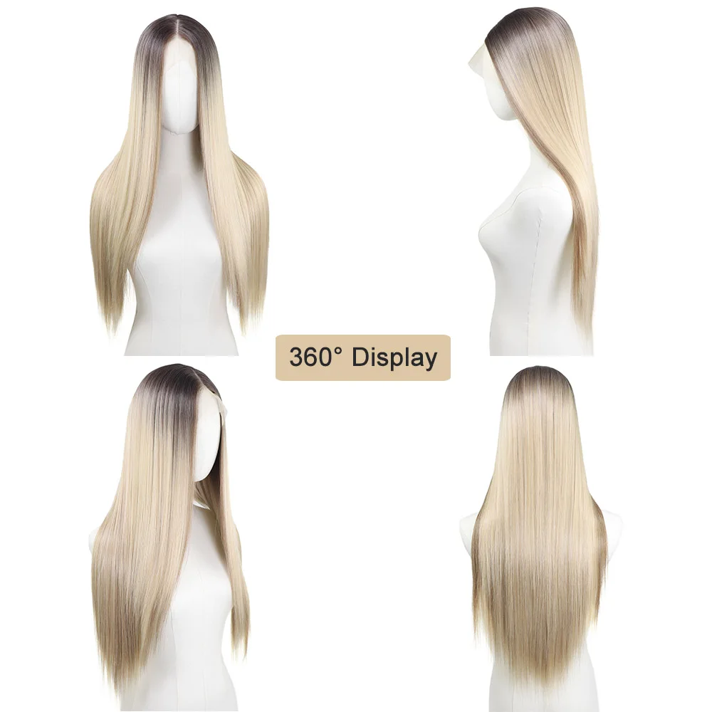 30 インチハイライトブロンド合成レースフロントウィッグダーク