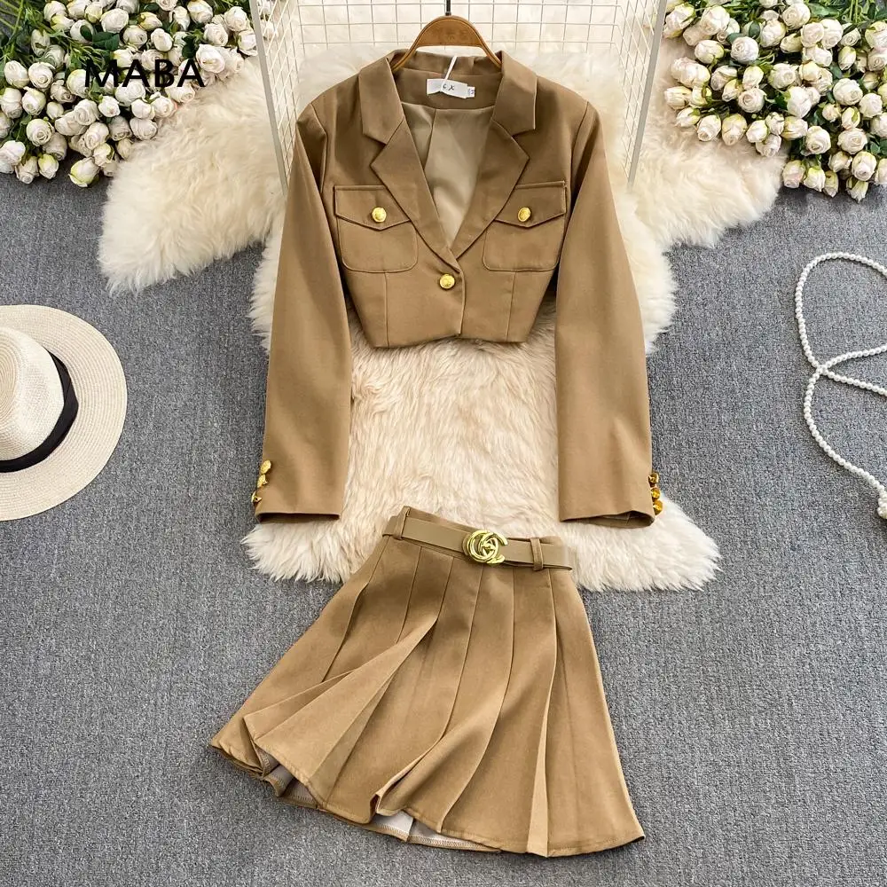 

Fashion Korean Blazers Two Piece Set Women Spring Autumn New Short Suit Coats+high Waist Mini Pleated Skirt Preppy Style Outfits