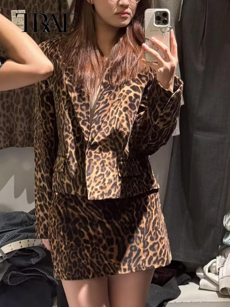 TRAF Fashion Long Sleeve Blazers Top Women 2 Pieces Leopard Printed Mini Skirt Sets Women's Suit Two Piece Set Women Outfit 4