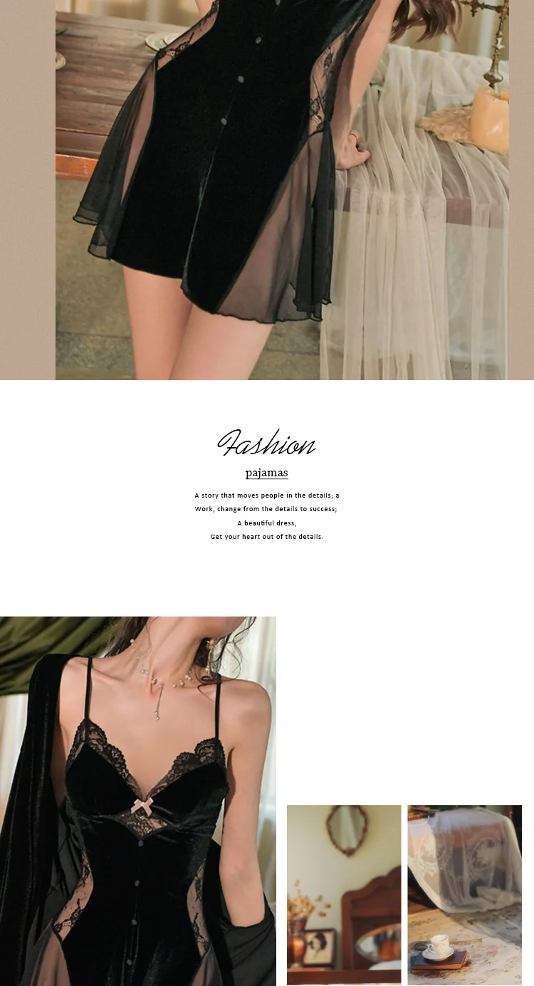 Sexy Spitze Gold Samt Nachtwäsche für Frauen neue Herbst Winter Robe Set weibliche Nachthemd zweiteiligen Bademantel warme Kleidung zu Hause – Detail 6