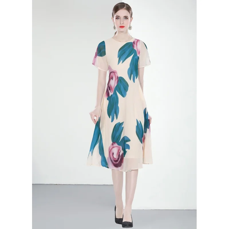 

2023 New Fashion Silk Printed Dress Women's Summer Round Neck Short Sleeve Loose Fit Casual Holiday Dress Vestidos