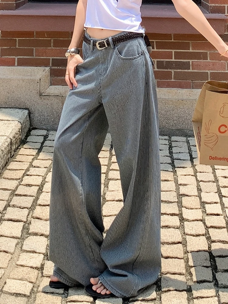 Women Y2K Striped Wide Leg Jeans Retro Low Rise Relaxed Fit Denim Trousers Loose Baggy Pants Streetwear Casual Denim Pants 1