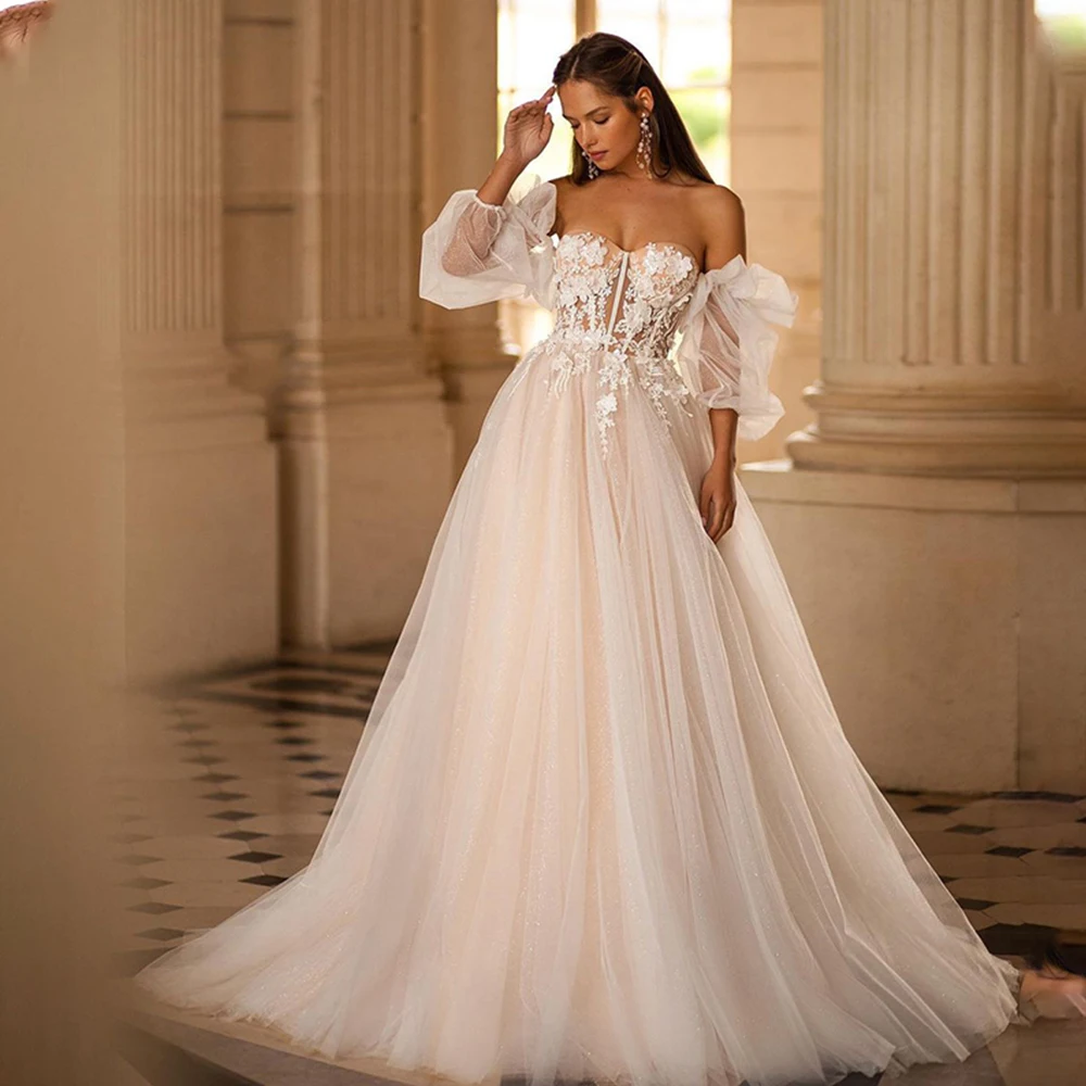 

Off Shoulder Glitter Tulle Sleeved Wedding Dresses Sweetheart Straps Bridal Gowns For Bride Robe Beach Sweep Train For Women