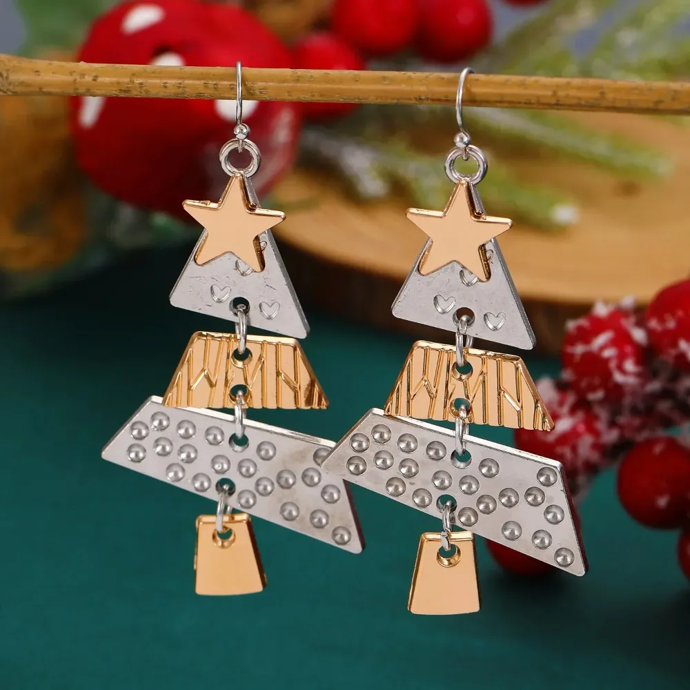 Vintage Metal Christmas Tree Long Drop Earrings for Fashion Women Girls Holiday Party Jewelry Acccessories Christmas Gift